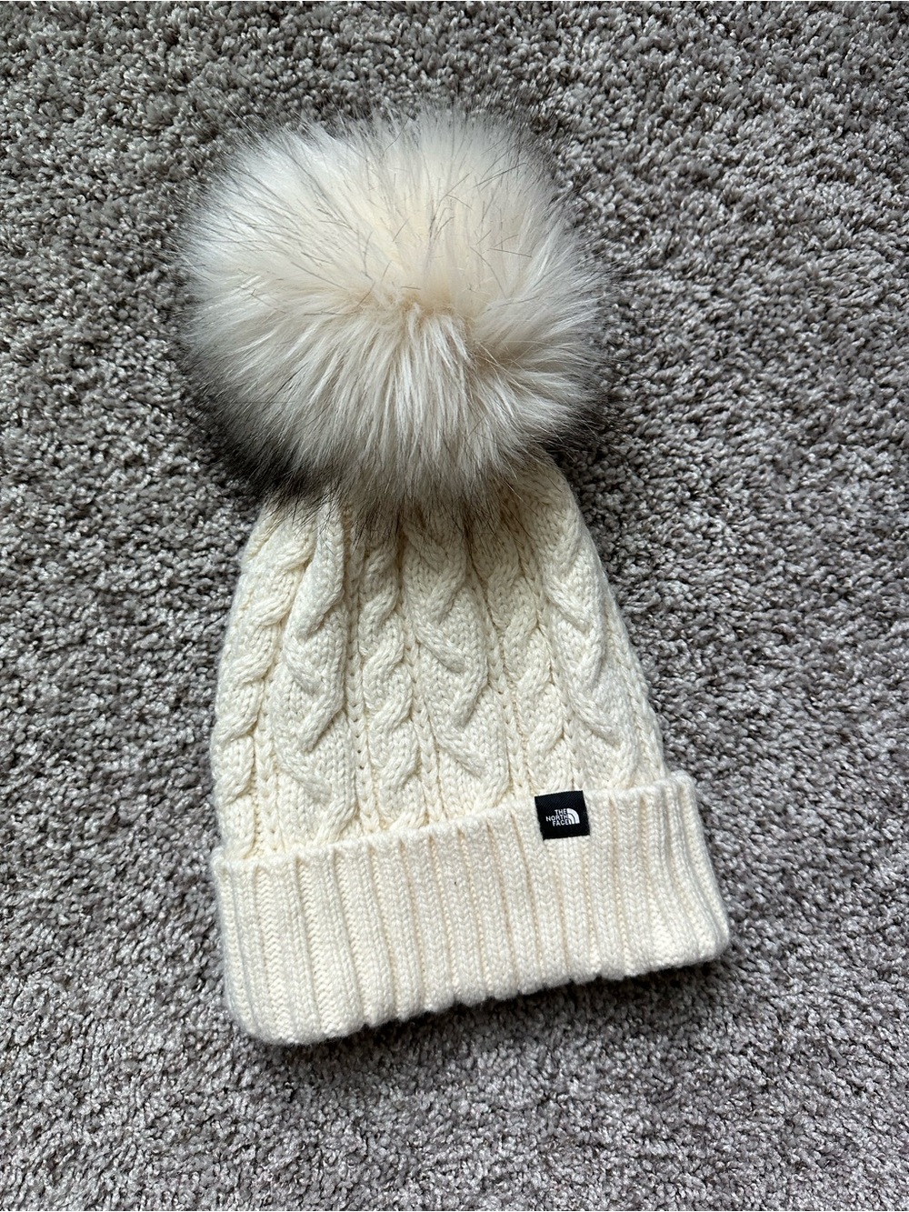 The North Face Oh Mega Faux Fur Pom Beanie Off White Creme Cable Knit